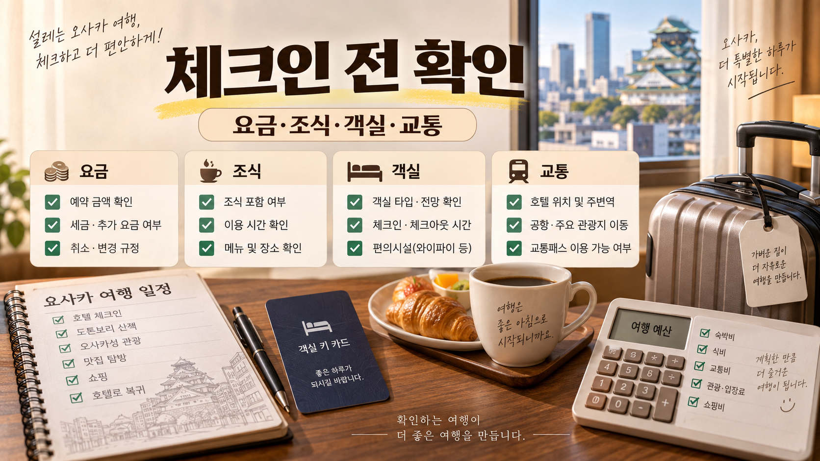 오사카 호텔 예약 전 요금 조식 객실 교통 체크리스트 정보카드