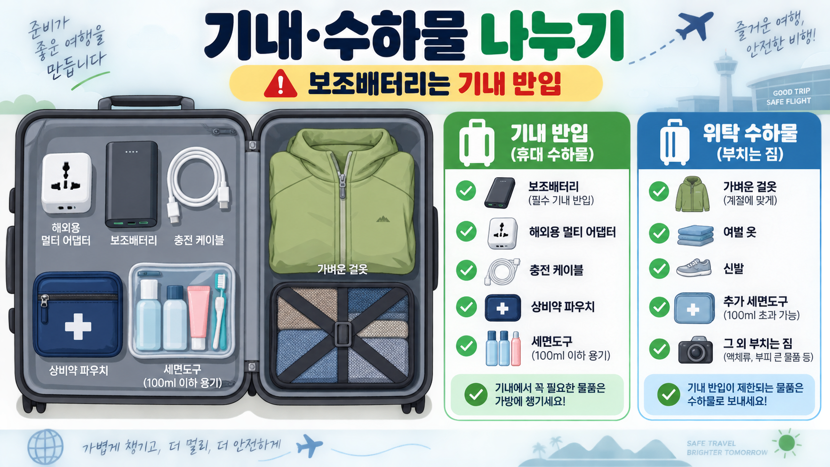 기내 반입과 위탁수하물에 나눠 넣을 여행 준비물을 보여주는 정보카드