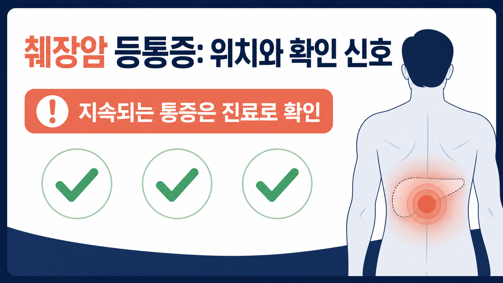 췌장암 등통증의 위치와 진료 확인 신호를 설명하는 한국어 정보 카드