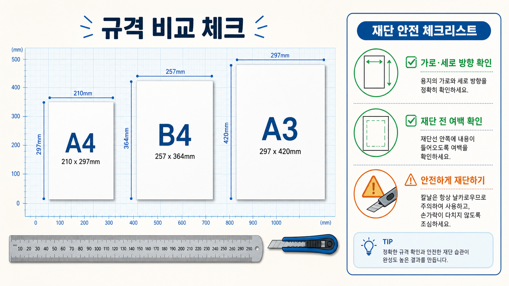 A4, B4, A3 용지 규격을 비교하고 재단 전 확인 사항을 보여 주는 정보카드