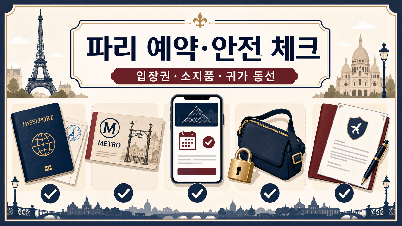 파리 여행의 예약과 소지품 안전 체크 정보카드