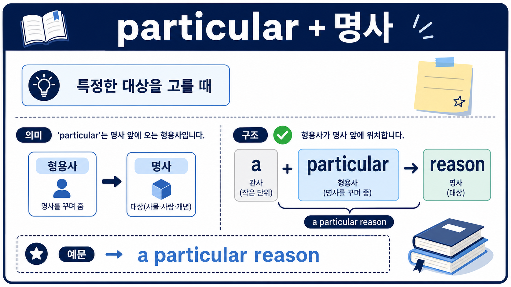 particular가 명사 앞에 오는 위치를 보여 주는 정보 카드
