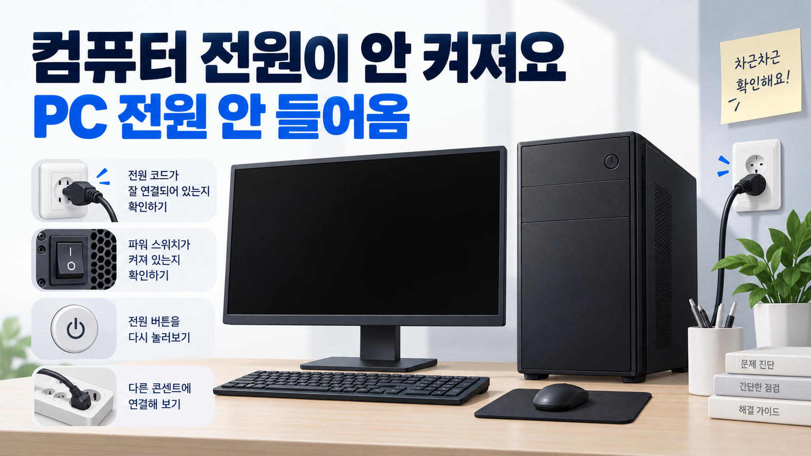 컴퓨터 전원이 안 켜질 때 전원 코드와 본체를 확인하는 정보카드