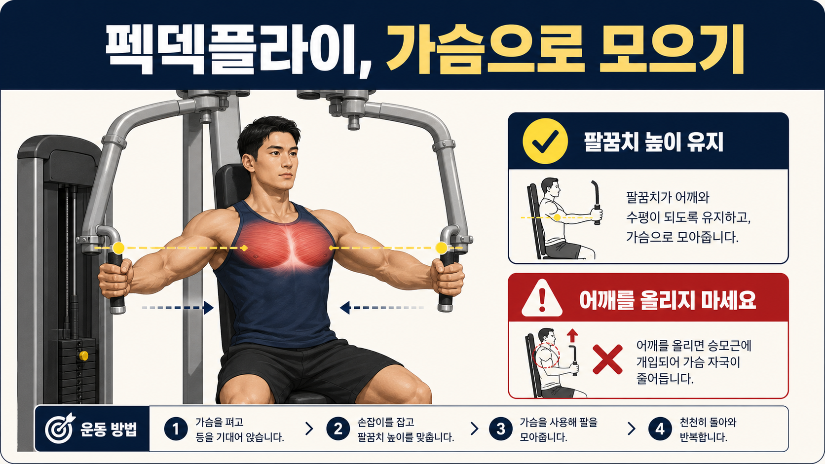 펙덱플라이 가슴 운동 자세와 주의점을 정리한 한국어 정보카드
