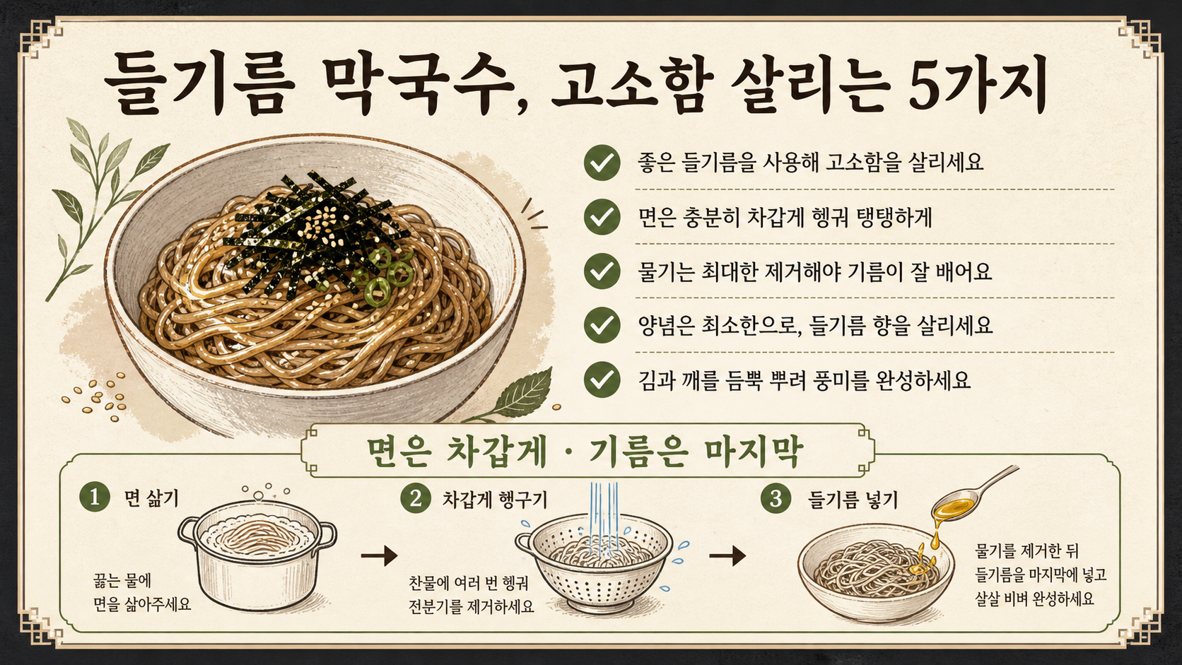 들기름 막국수 고소함을 살리는 방법을 정리한 한국어 정보카드