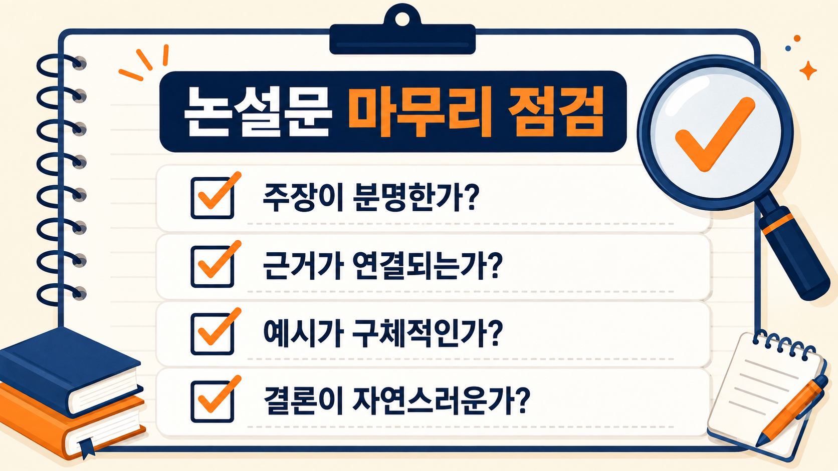 주장, 근거 연결, 구체적 예시, 자연스러운 결론을 점검하는 논설문 체크리스트 정보카드