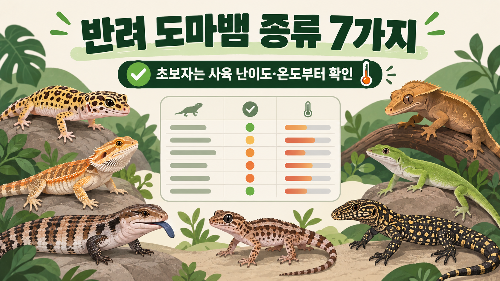 반려 도마뱀 종류 7가지와 초보자 사육 준비 정보카드