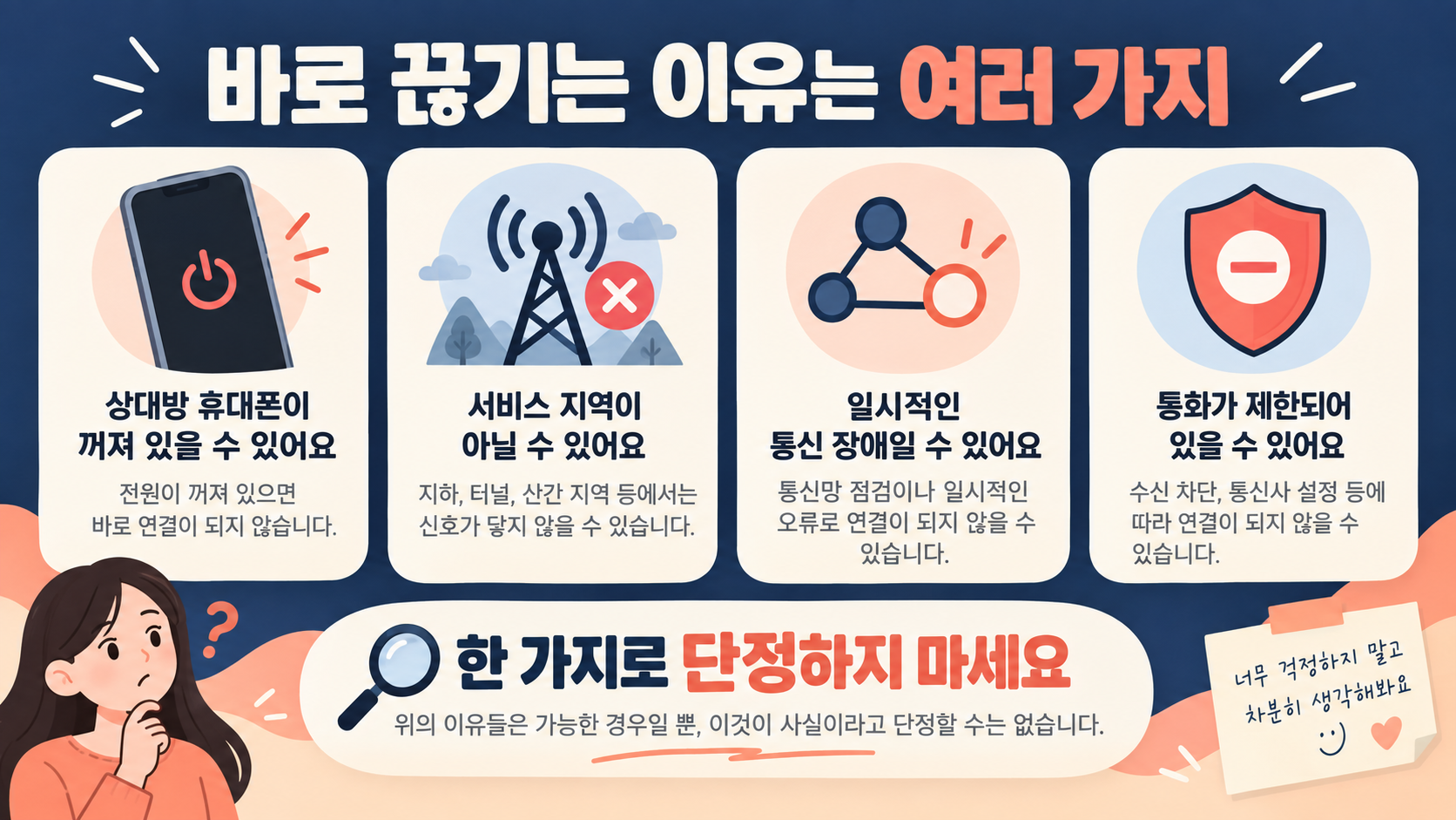 전화가 바로 끊기는 여러 가능성을 설명하는 정보카드