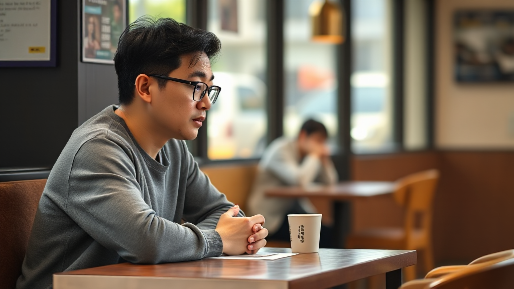 카페에서 정중하게 도움을 요청하는 한국인 성인
