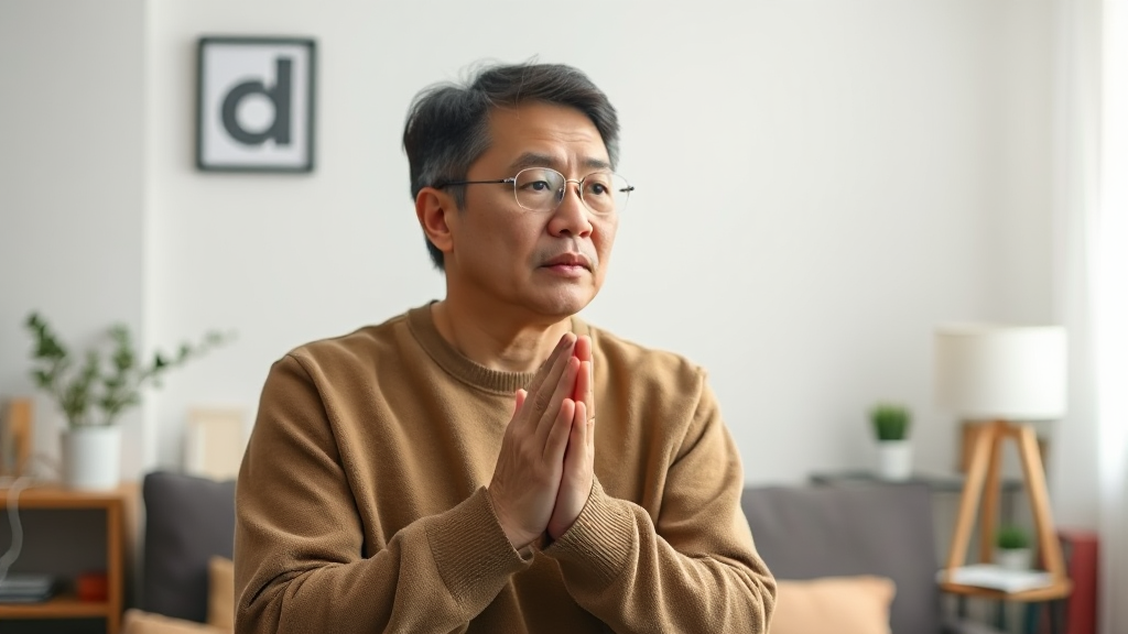 차분한 실내에서 간절하게 요청을 전하는 성인