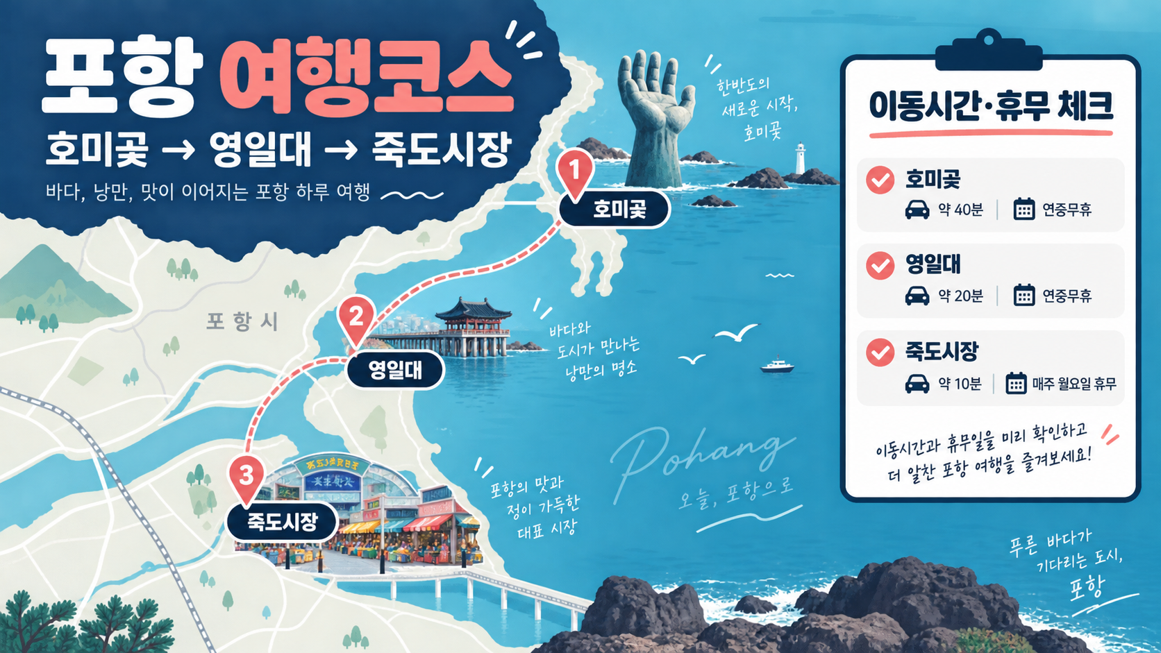 포항 여행코스 호미곶 영일대 죽도시장과 이동시간 확인 정보카드