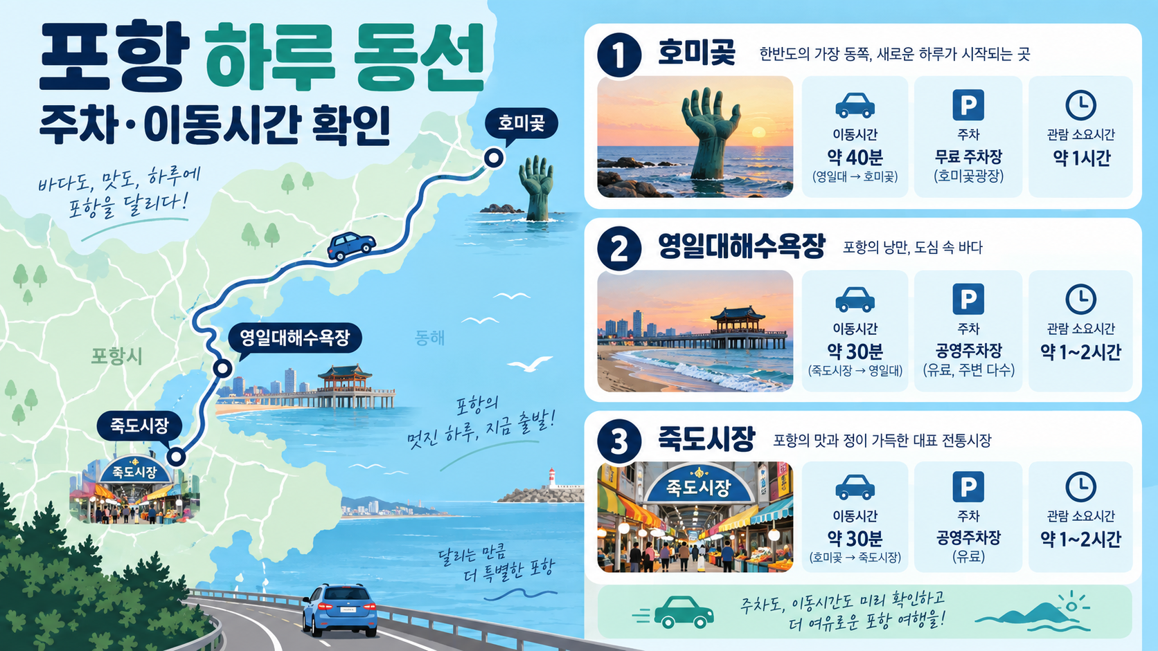 포항 호미곶 영일대 죽도시장을 연결하는 하루 동선 정보카드