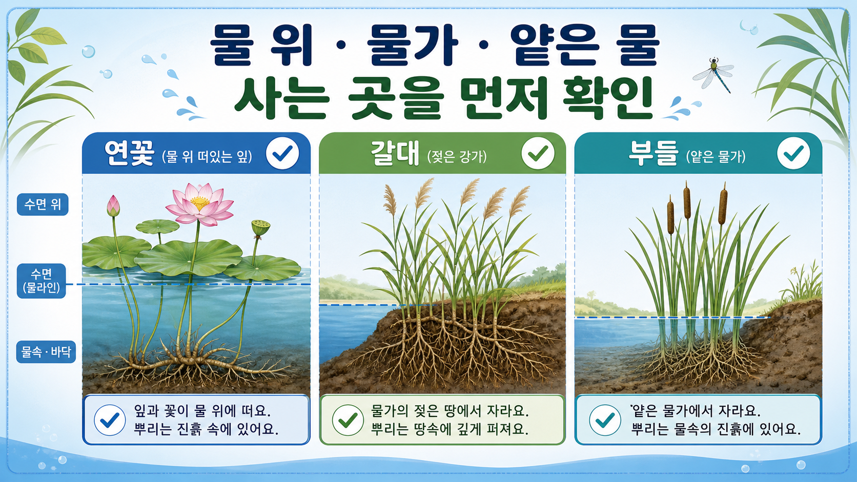 연꽃 갈대 부들의 자라는 곳을 비교한 한국어 정보카드