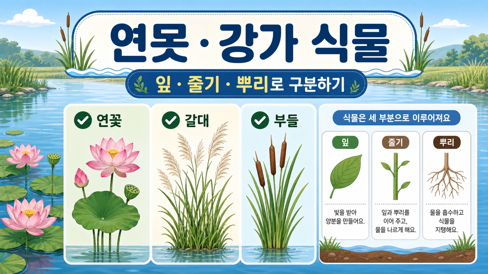 연못과 강가 식물을 잎 줄기 뿌리로 구분하는 한국어 정보카드