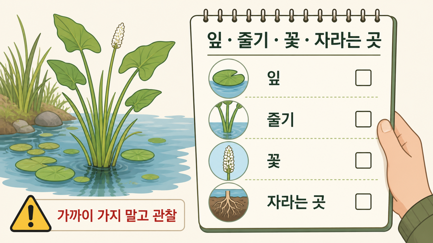 물가 식물 관찰 항목을 보여 주는 한국어 정보카드