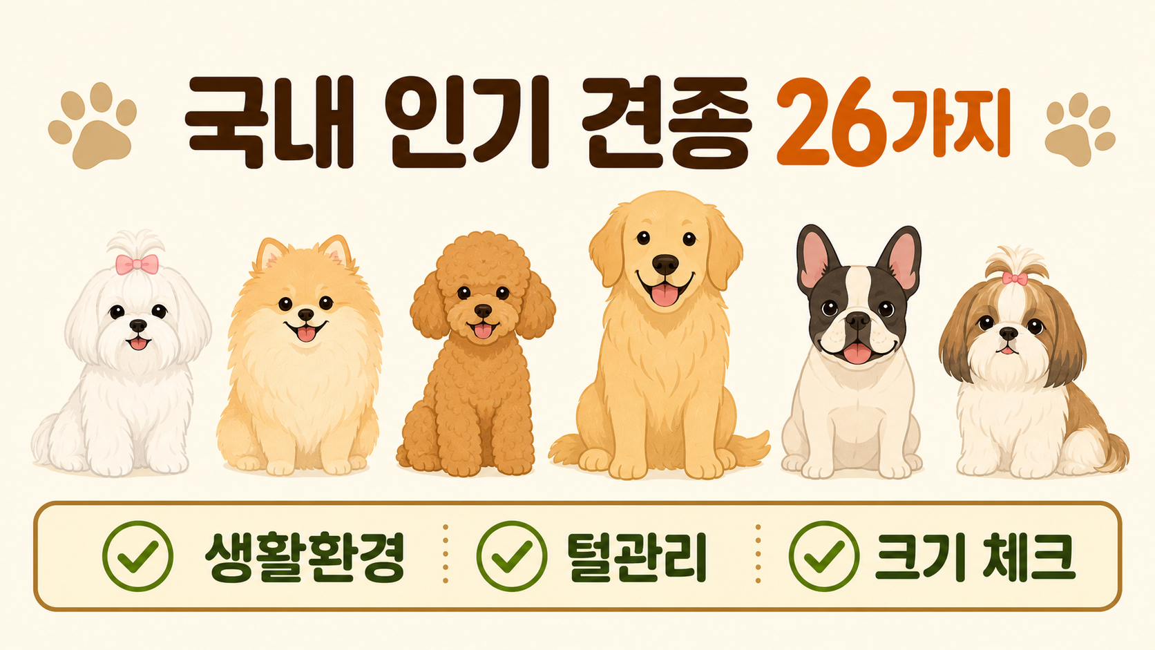 국내 인기 견종 26가지와 생활환경, 털관리, 크기 체크 항목을 담은 정보카드