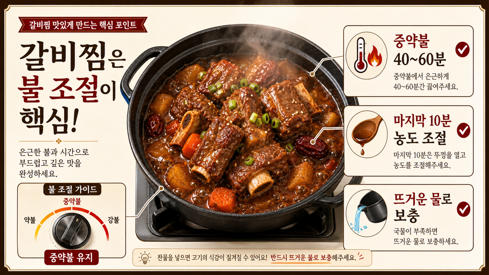돼지갈비찜을 중약불로 익히고 마지막에 국물 농도를 맞추는 과정을 보여 주는 정보카드