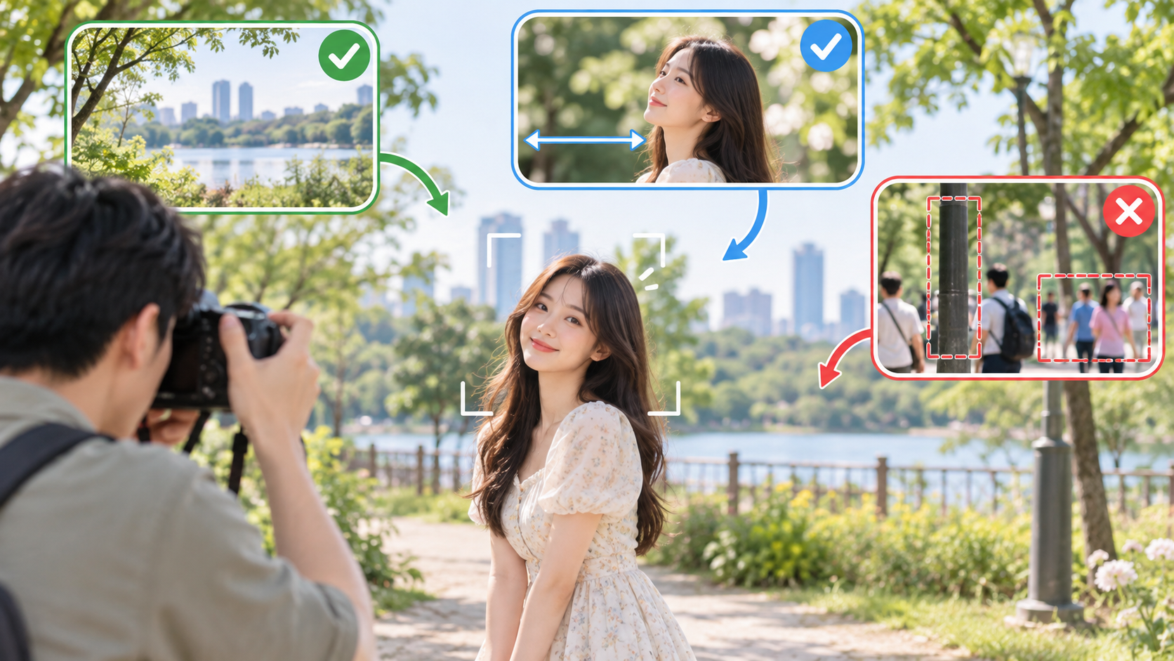 인물사진 촬영 전 배경의 좋은 예와 방해물 예를 비교한 정보카드