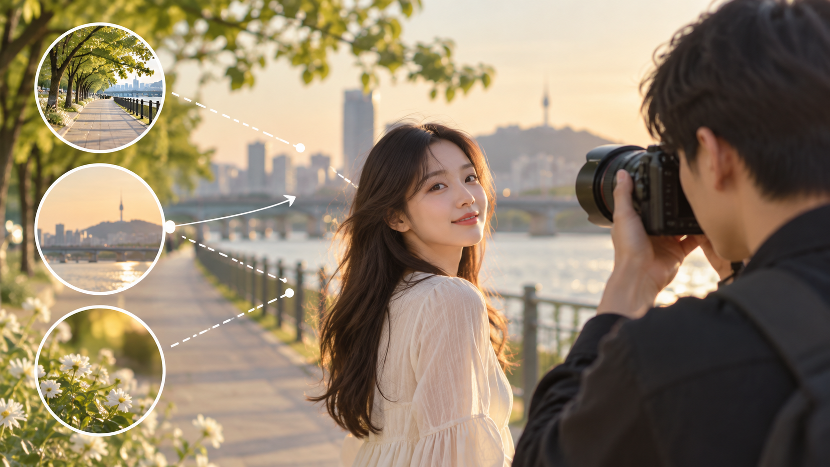 강변의 정돈된 배경 앞에서 인물사진을 촬영하는 모습