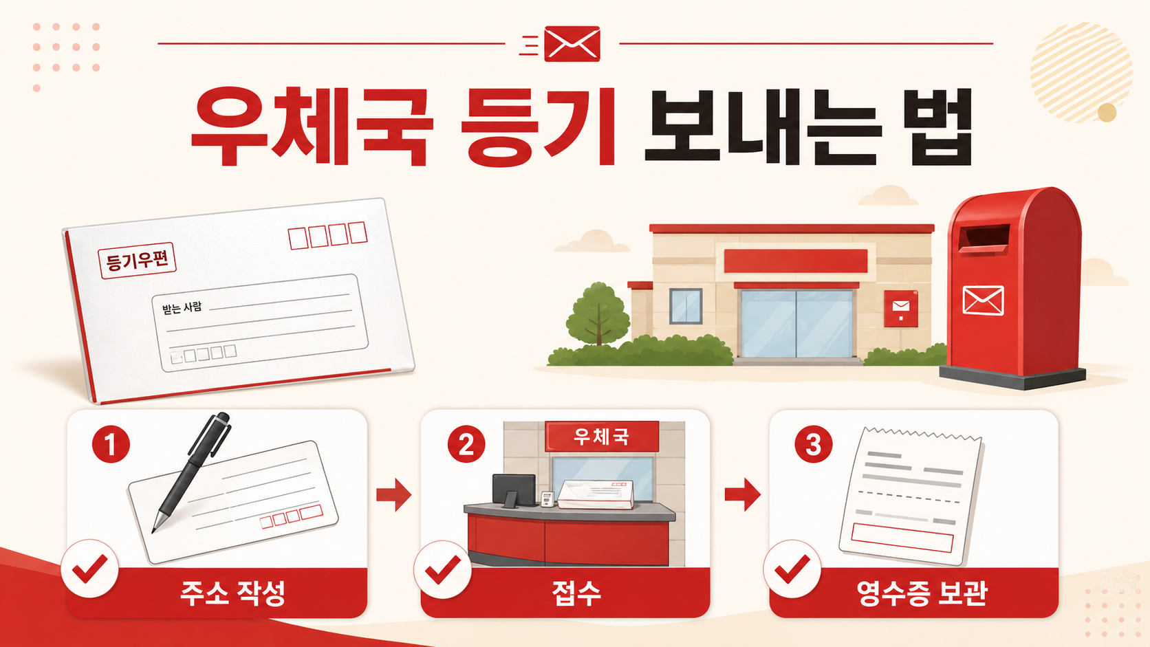 우체국 등기 보내는 법과 주소 작성, 접수, 영수증 보관 순서를 보여 주는 한국어 정보 카드