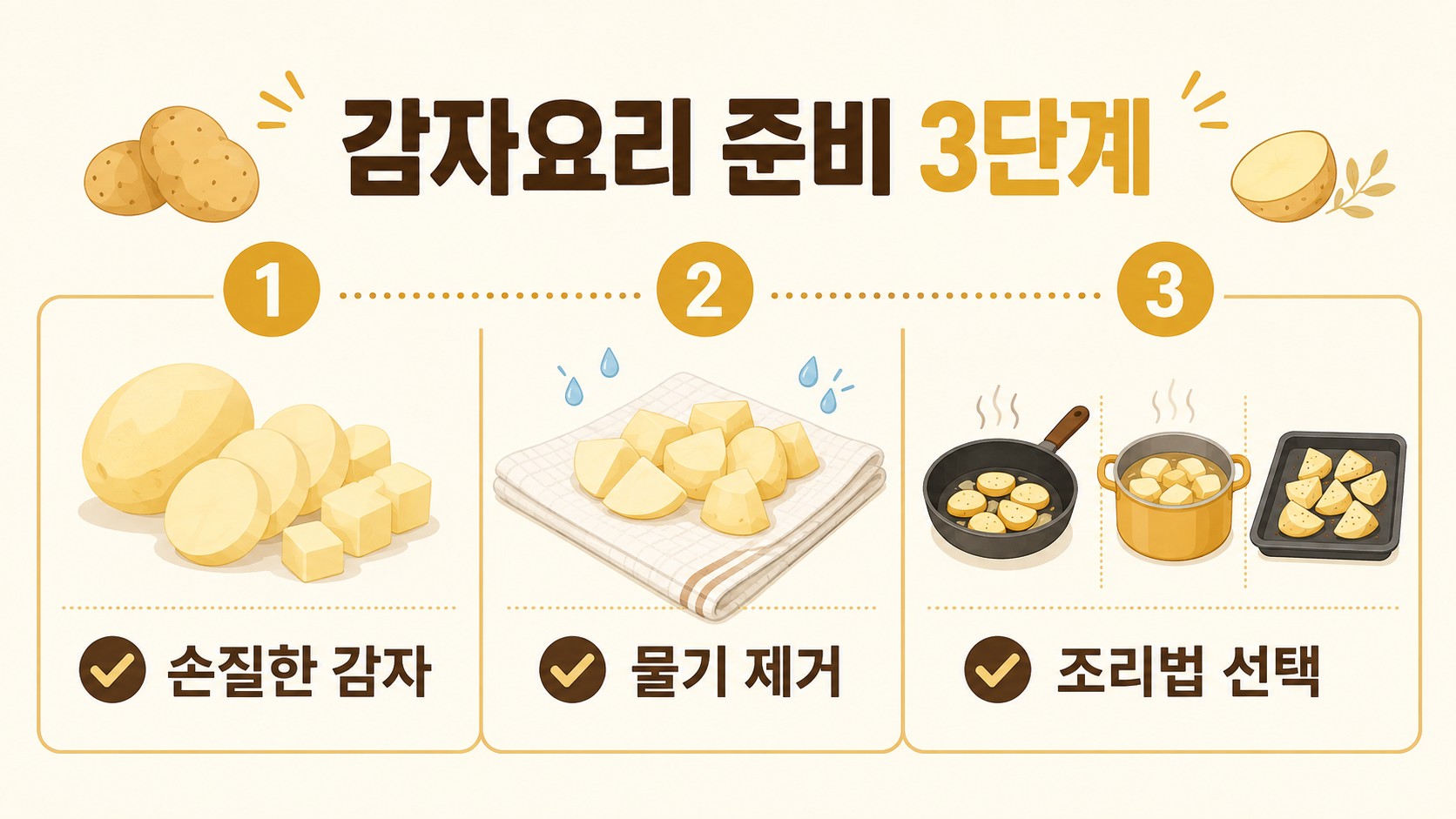 감자요리 준비를 손질, 물기 제거, 조리법 선택 순서로 보여 주는 정보카드
