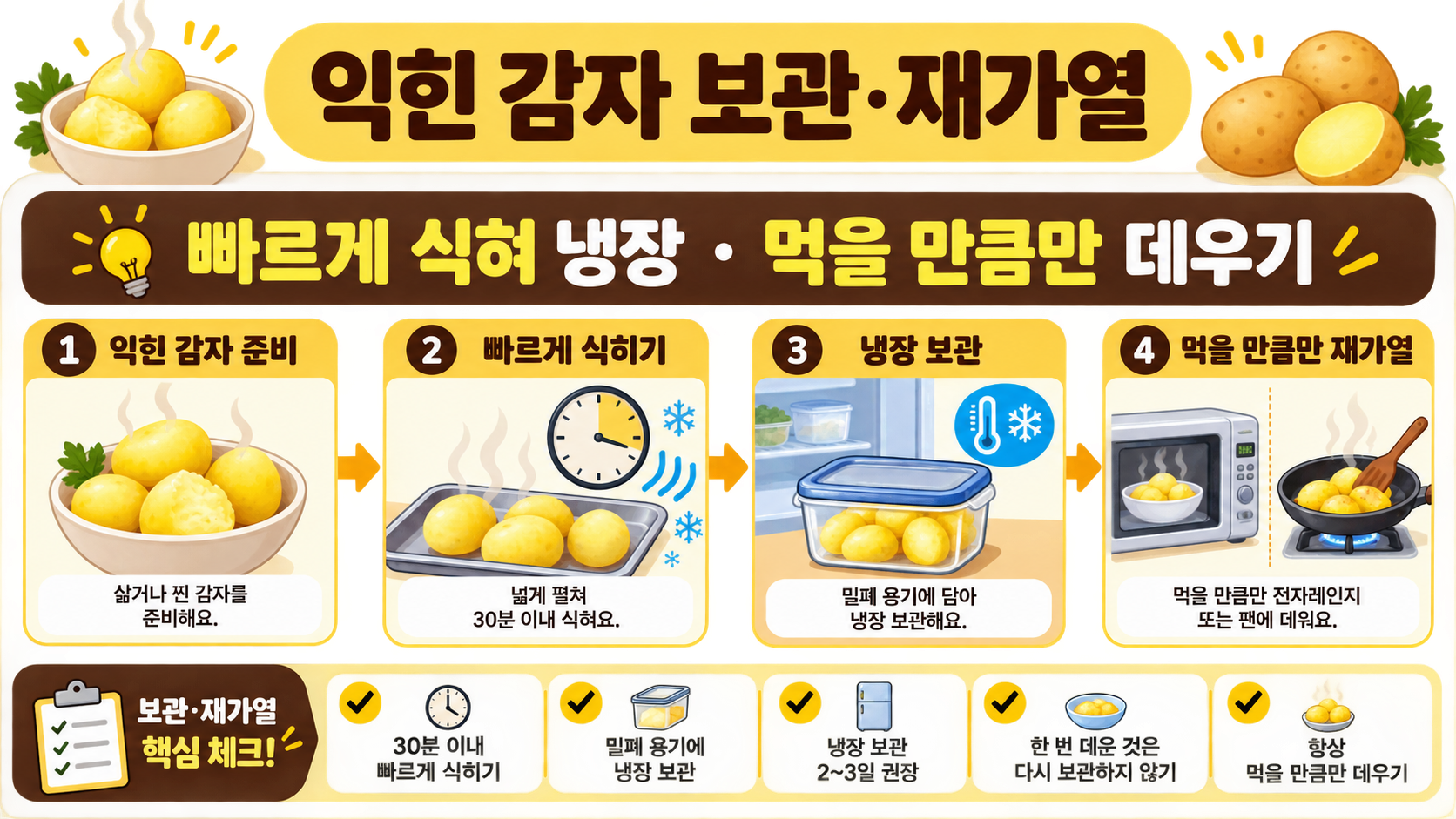 익힌 감자요리의 냉장 보관과 재가열 순서를 보여 주는 한국어 정보카드