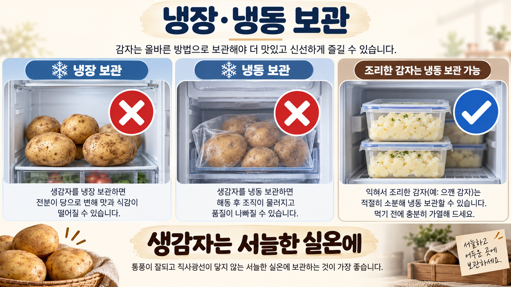 생감자 냉장과 냉동은 피하고 조리 감자는 냉동하는 방법을 비교한 정보 카드