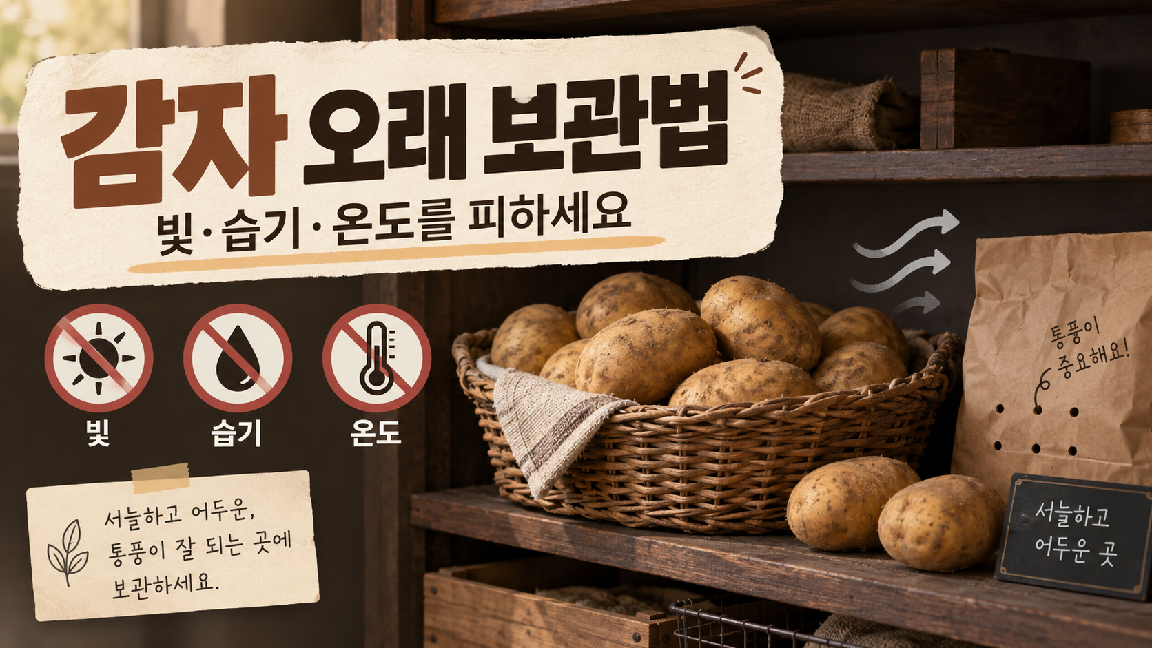 서늘하고 어두운 곳에서 종이봉투와 바구니로 감자를 보관하는 정보 카드