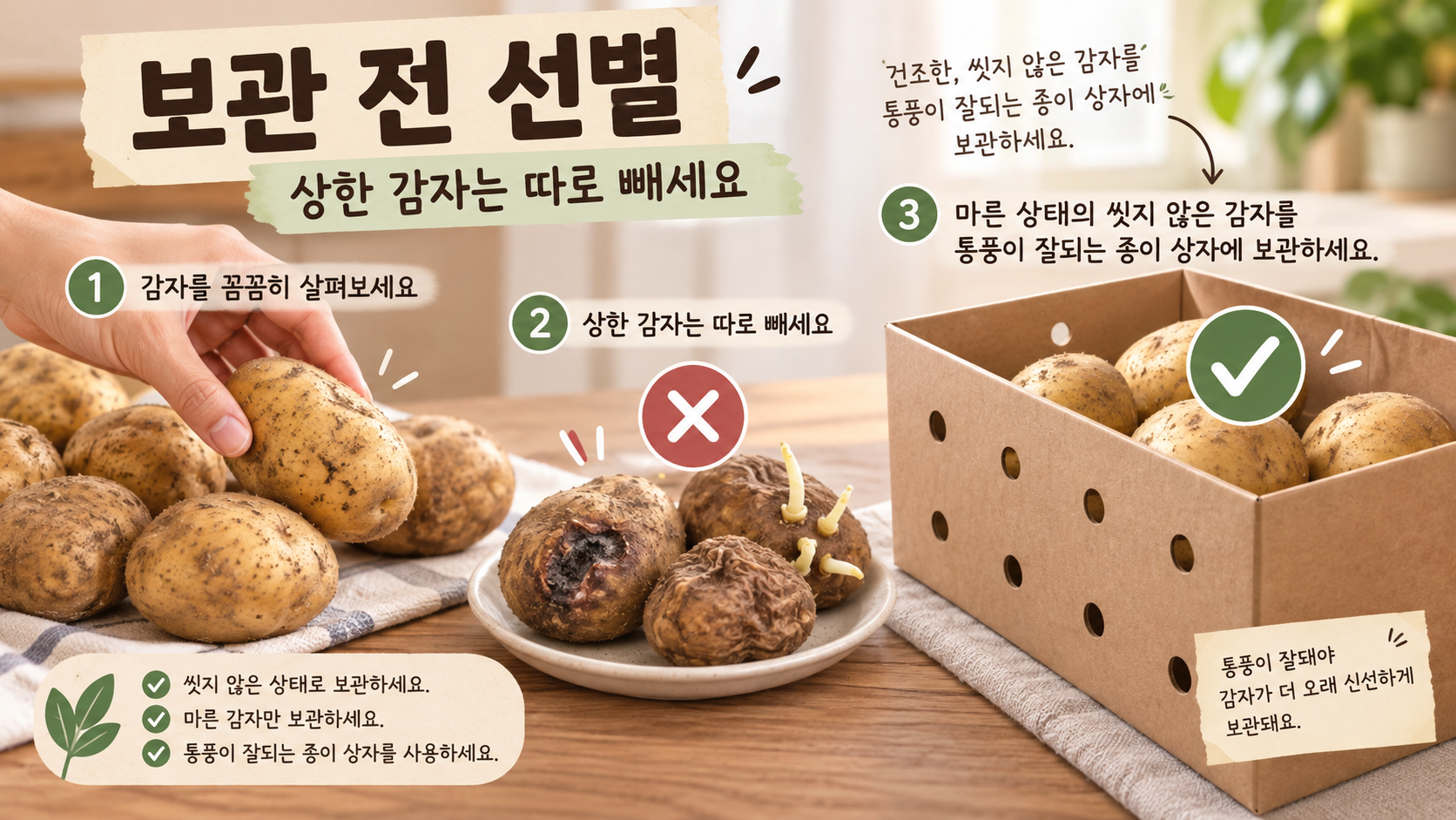 감자를 살피고 상한 감자를 분리해 통풍 상자에 담는 정보 카드