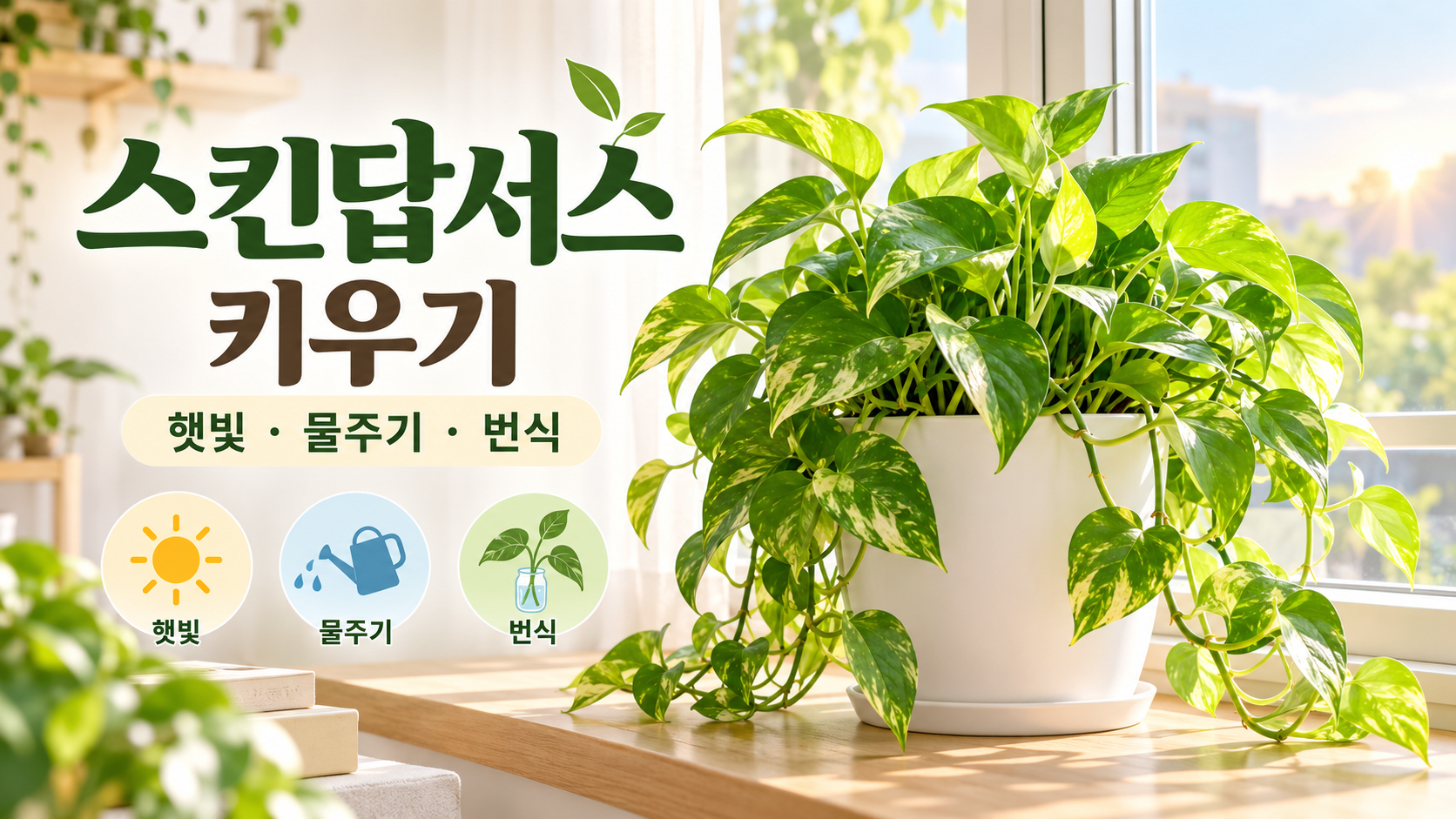 햇빛이 드는 창가의 스킨답서스와 햇빛 물주기 번식 안내