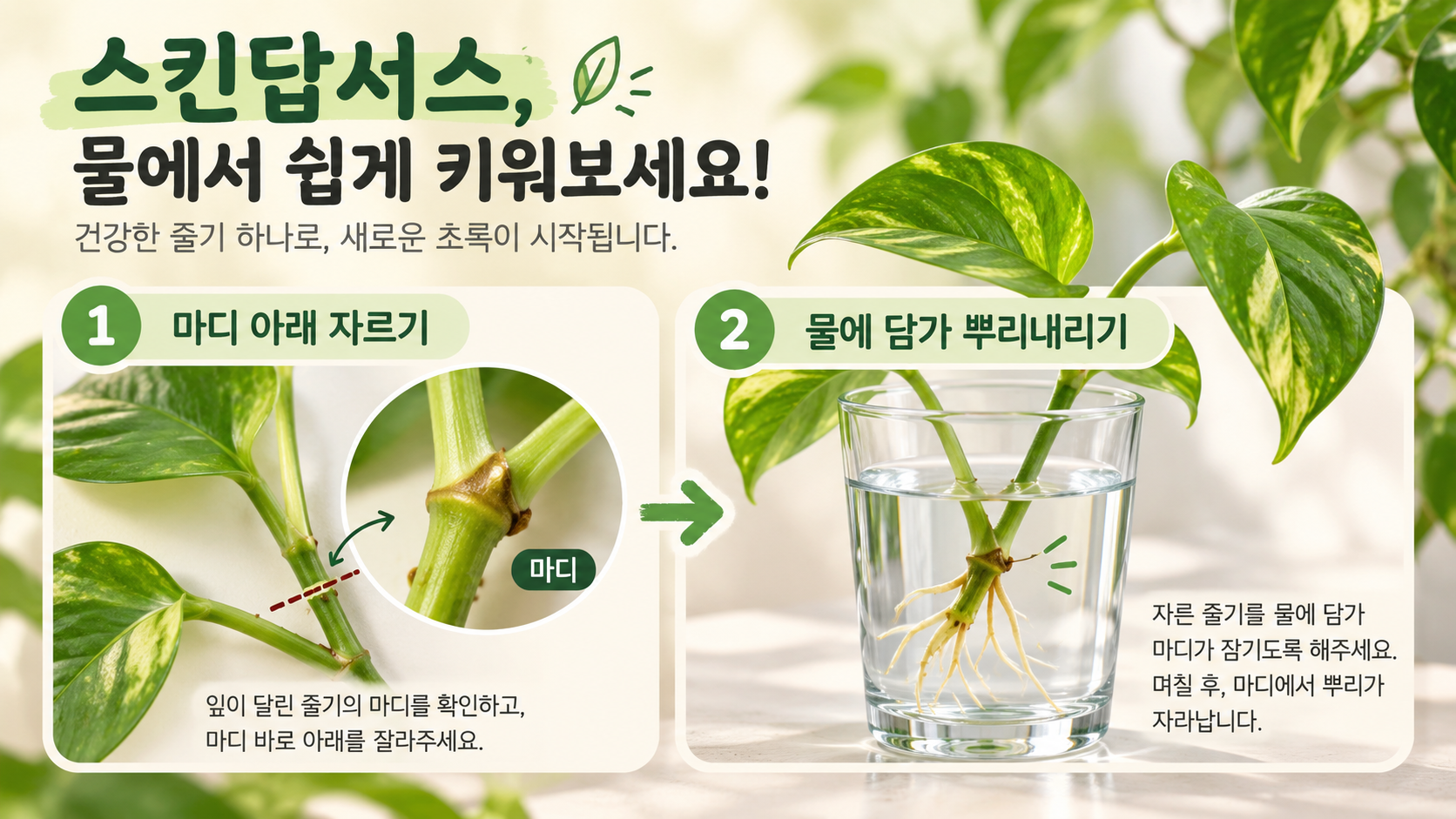 마디 아래를 자른 스킨답서스 줄기를 물에 담가 뿌리내리는 모습