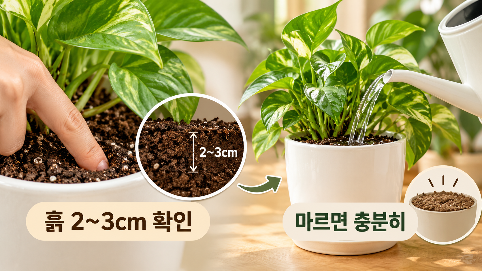흙 2에서 3센티미터를 확인해 물 주는 스킨답서스