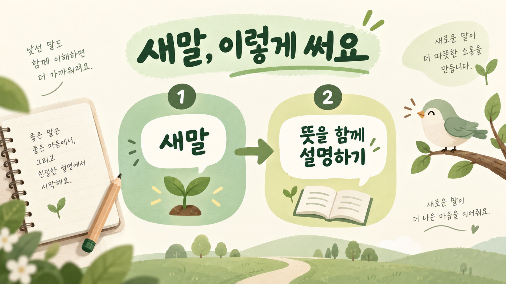 새말의 뜻을 함께 설명하는 방법을 보여 주는 한국어 정보카드