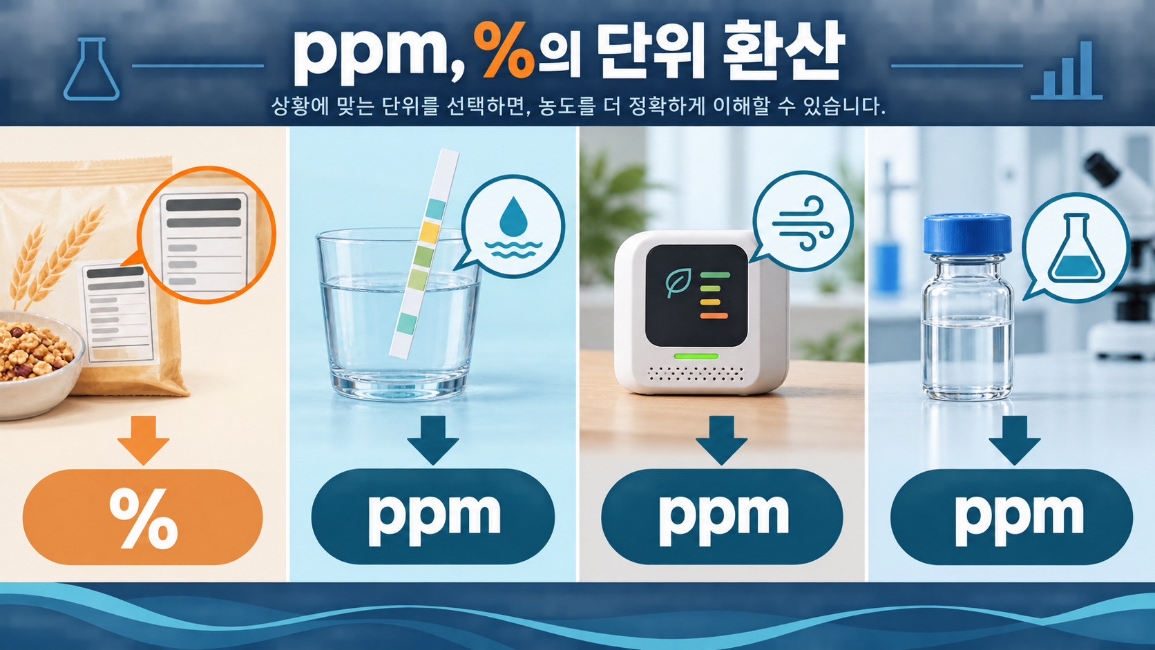 식품 물 공기 실험 상황에서 퍼센트와 ppm을 선택하는 정보카드