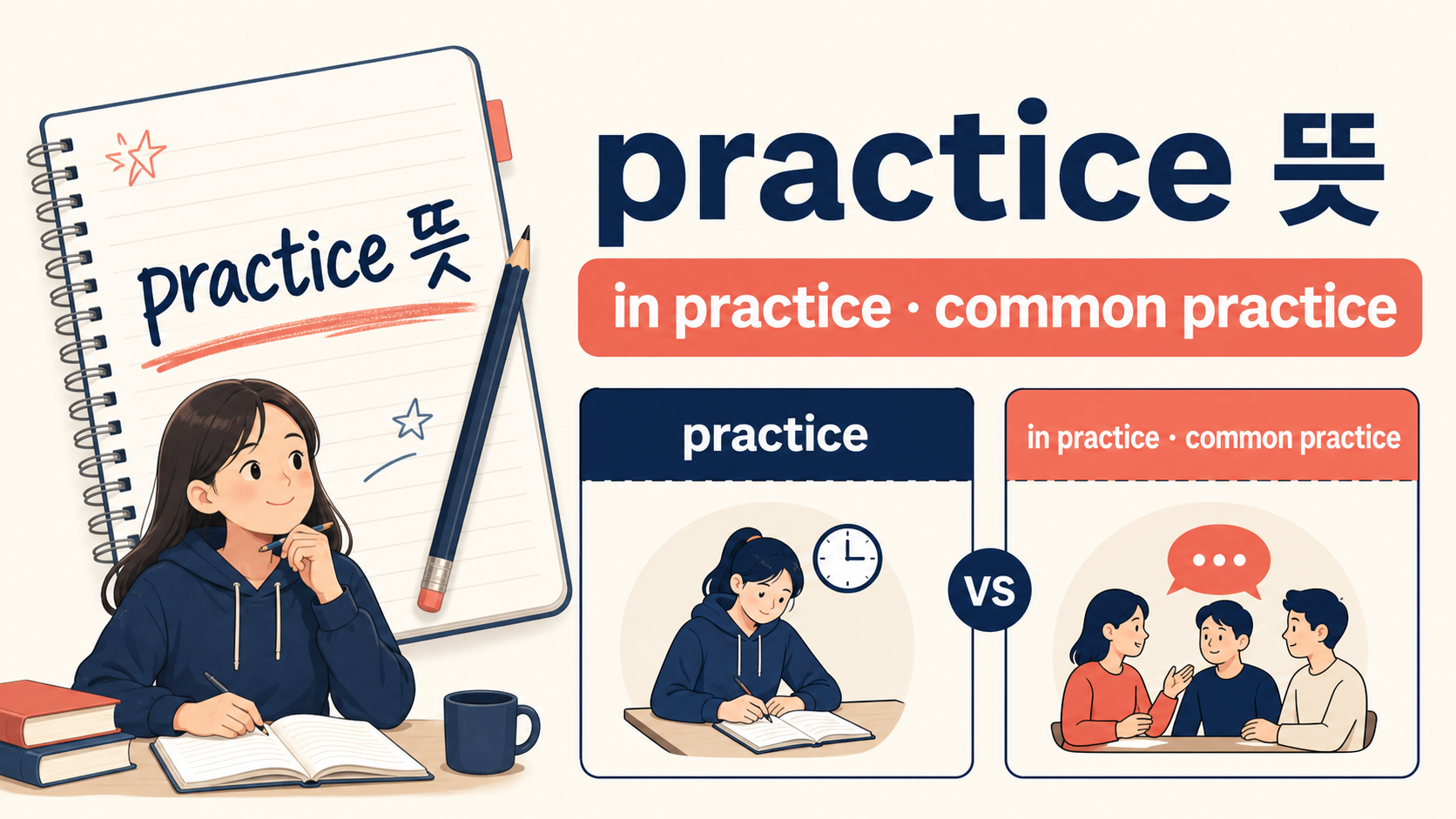 practice 뜻과 in practice common practice를 정리한 영어 학습 정보 카드