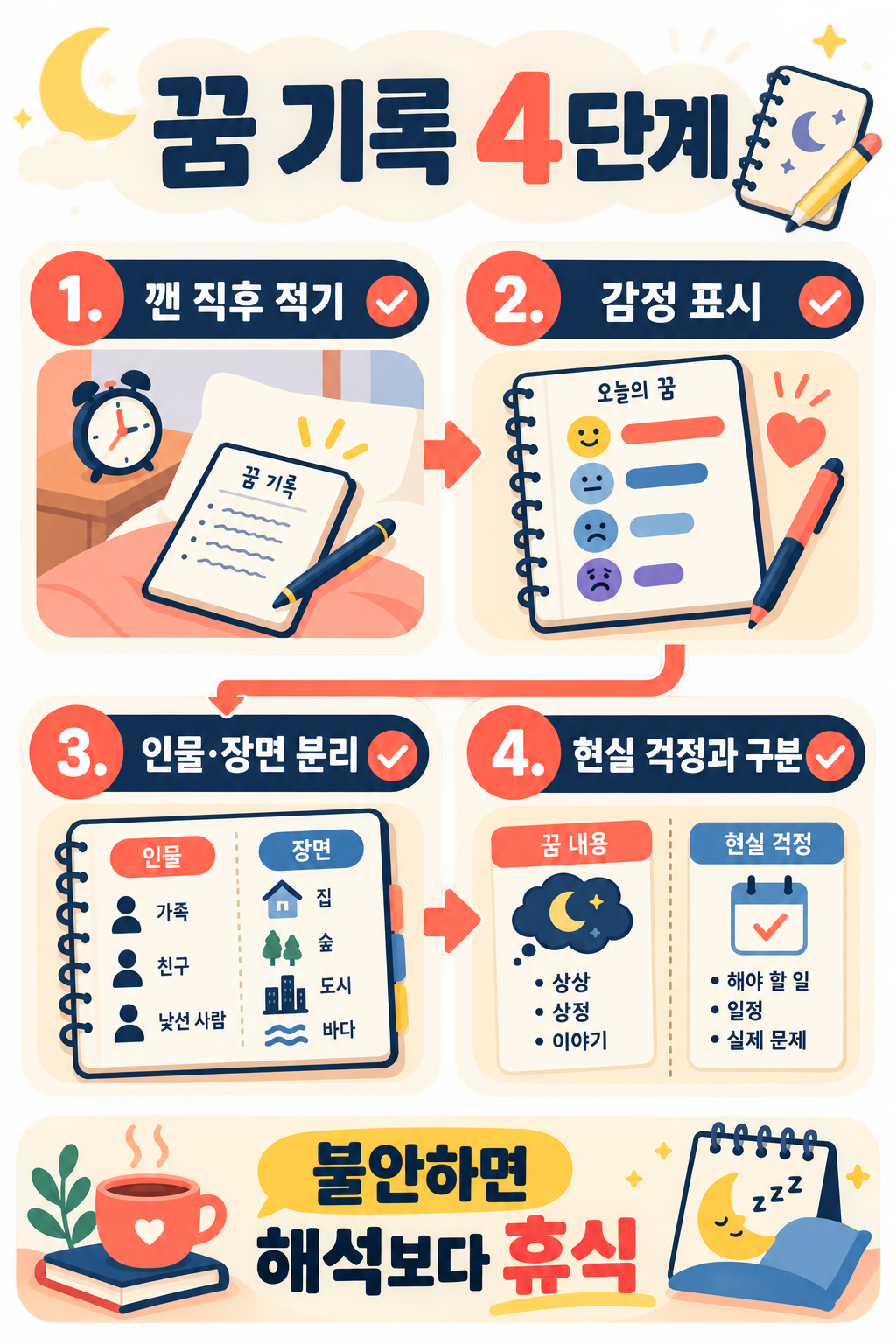 꿈 기록을 남길 때 깬 직후 적기, 감정 표시, 인물과 장면 분리, 현실 걱정 구분을 보여 주는 4단계 카드