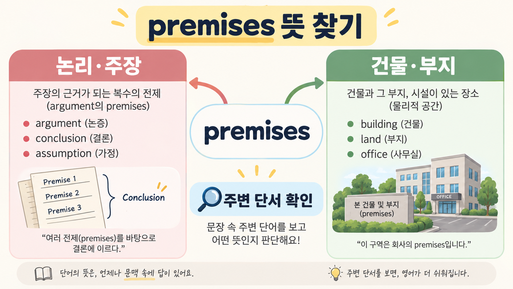 premises의 두 의미를 주변 단어로 구별하는 정보카드