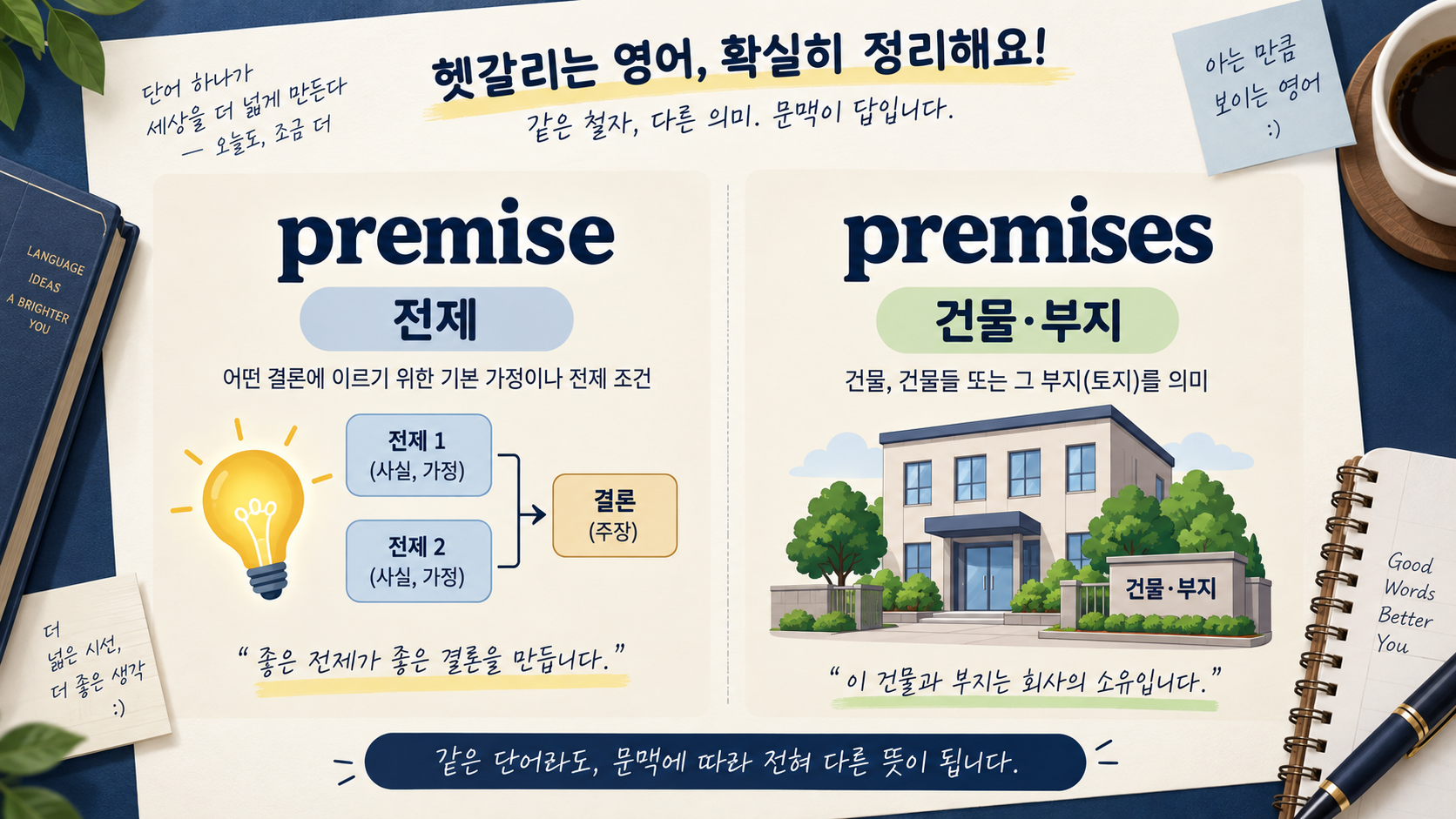 premise는 전제, premises는 건물 또는 부지라는 뜻을 비교한 정보카드