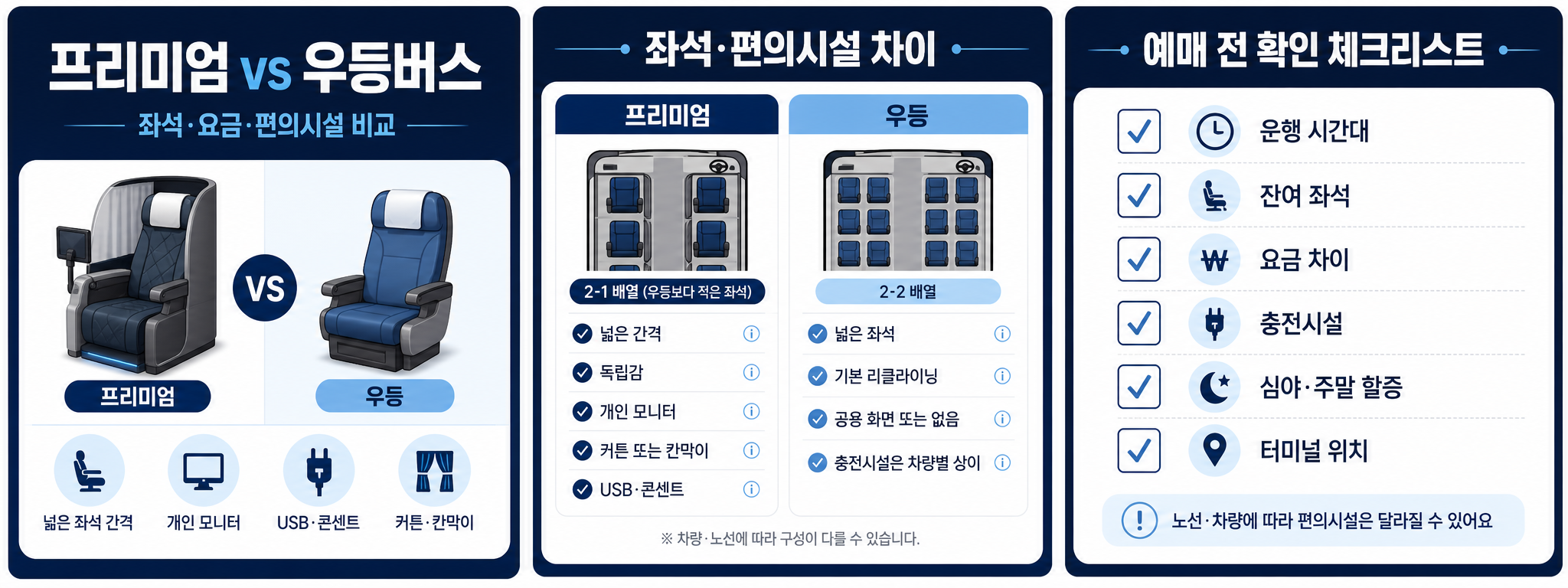 프리미엄과 우등버스의 좌석 요금 편의시설을 비교하는 정보 카드
