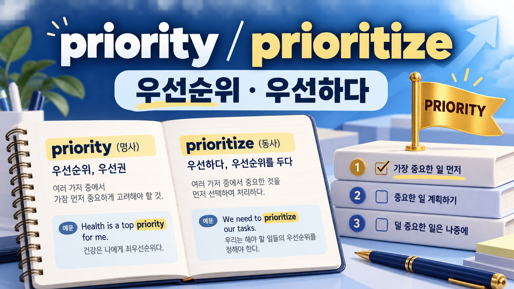 priority와 prioritize의 뜻을 보여 주는 영어 학습 정보카드