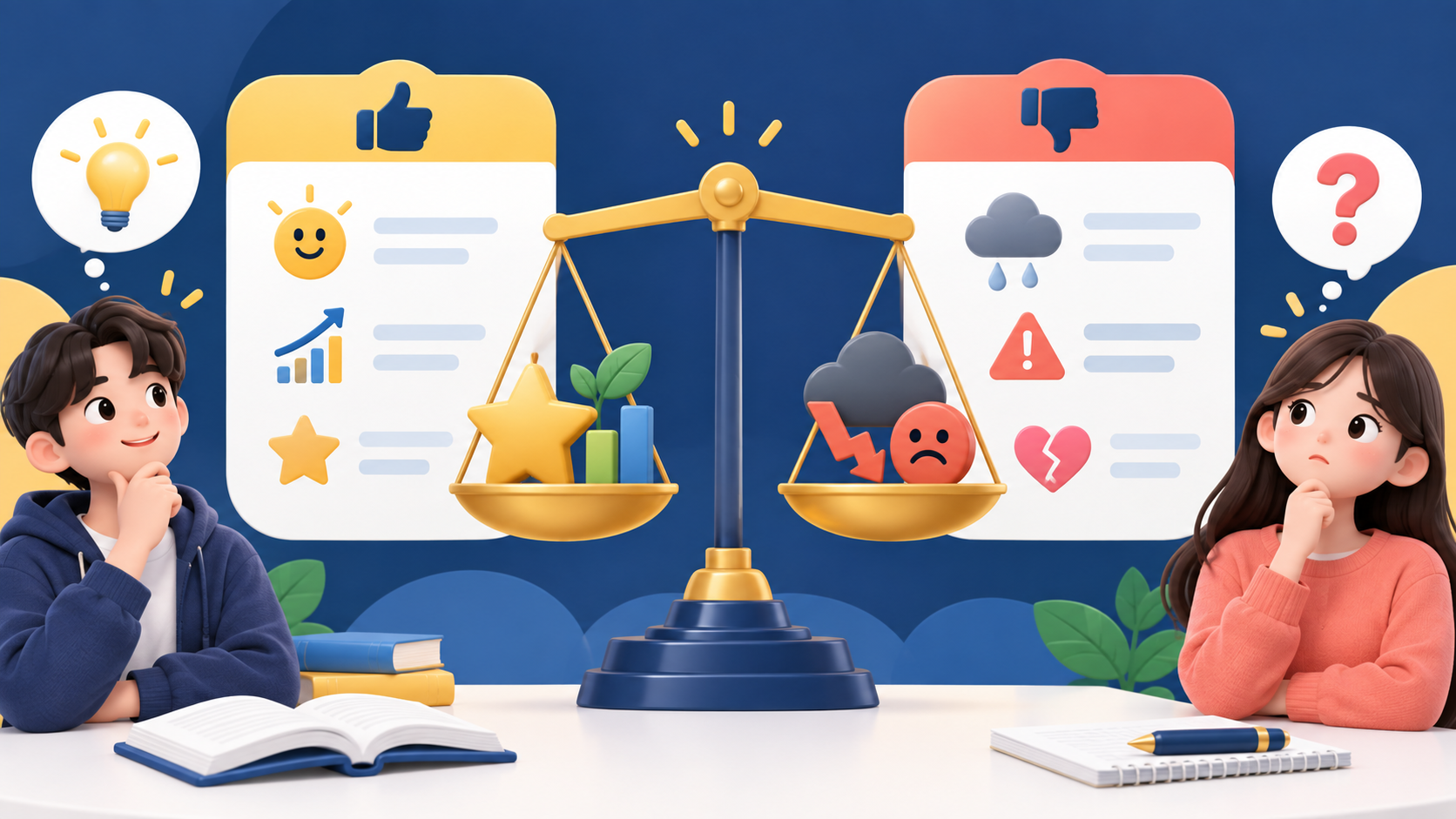 장점과 단점을 저울로 비교하는 pros and cons 학습 정보카드