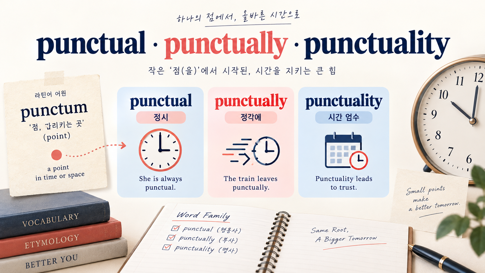 punctual punctually punctuality 어원과 뜻을 정리한 한국어 정보카드