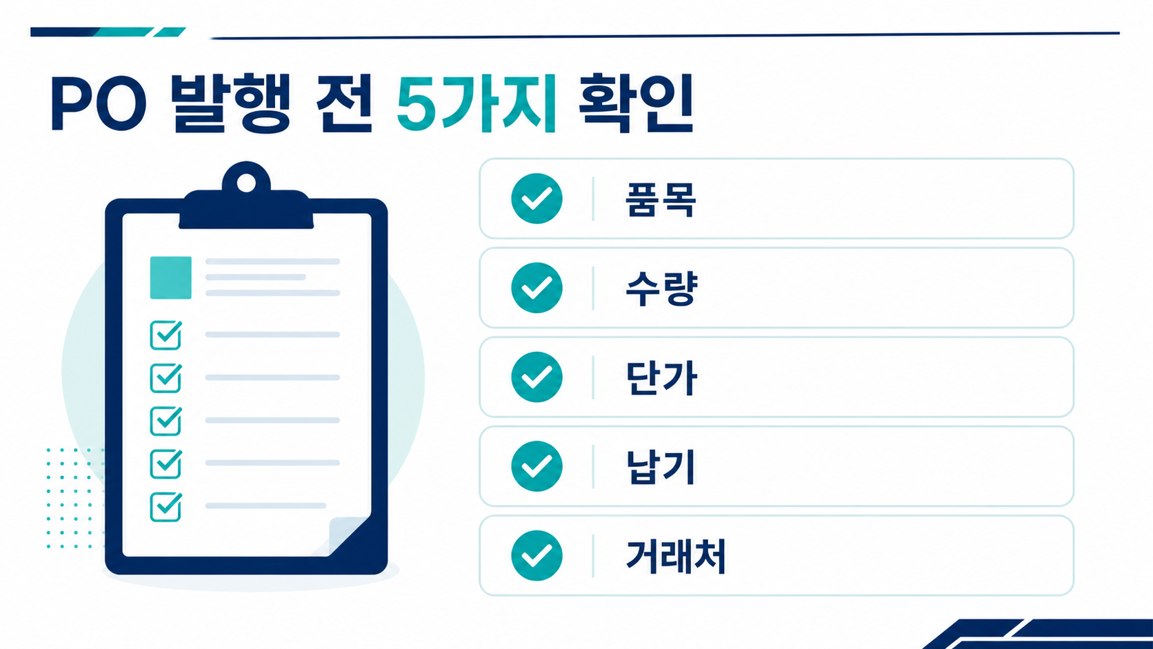 PO 발행 전 품목, 수량, 단가, 납기, 거래처를 확인하는 체크리스트 정보카드