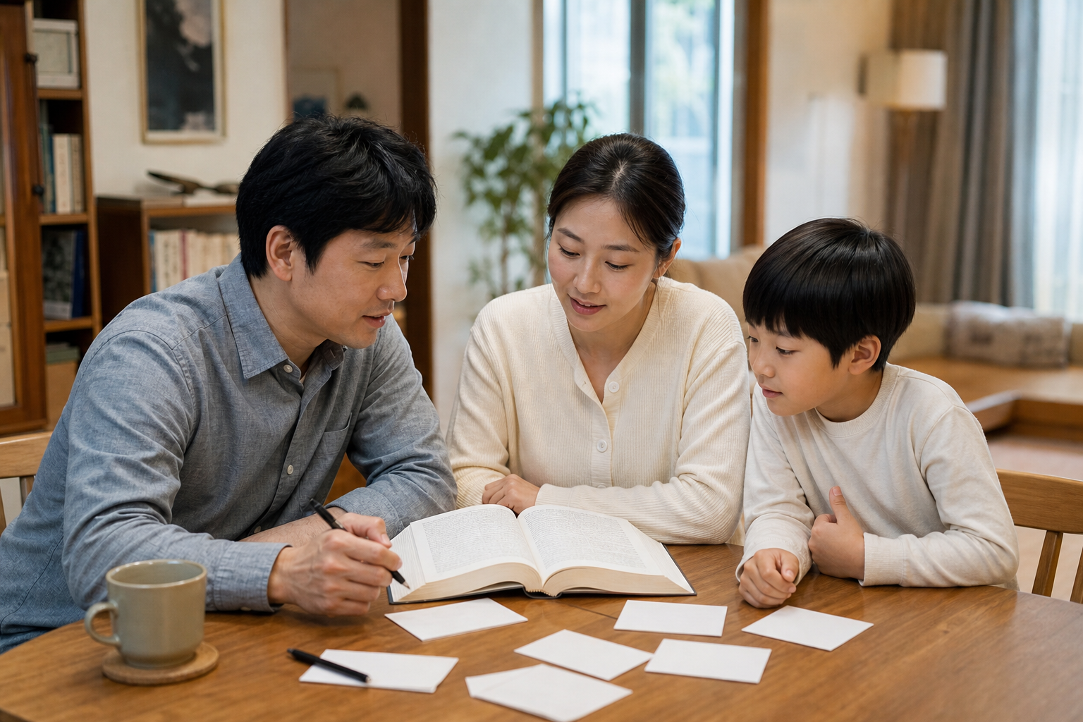 가족이 한글 이름 후보를 함께 살펴보는 모습