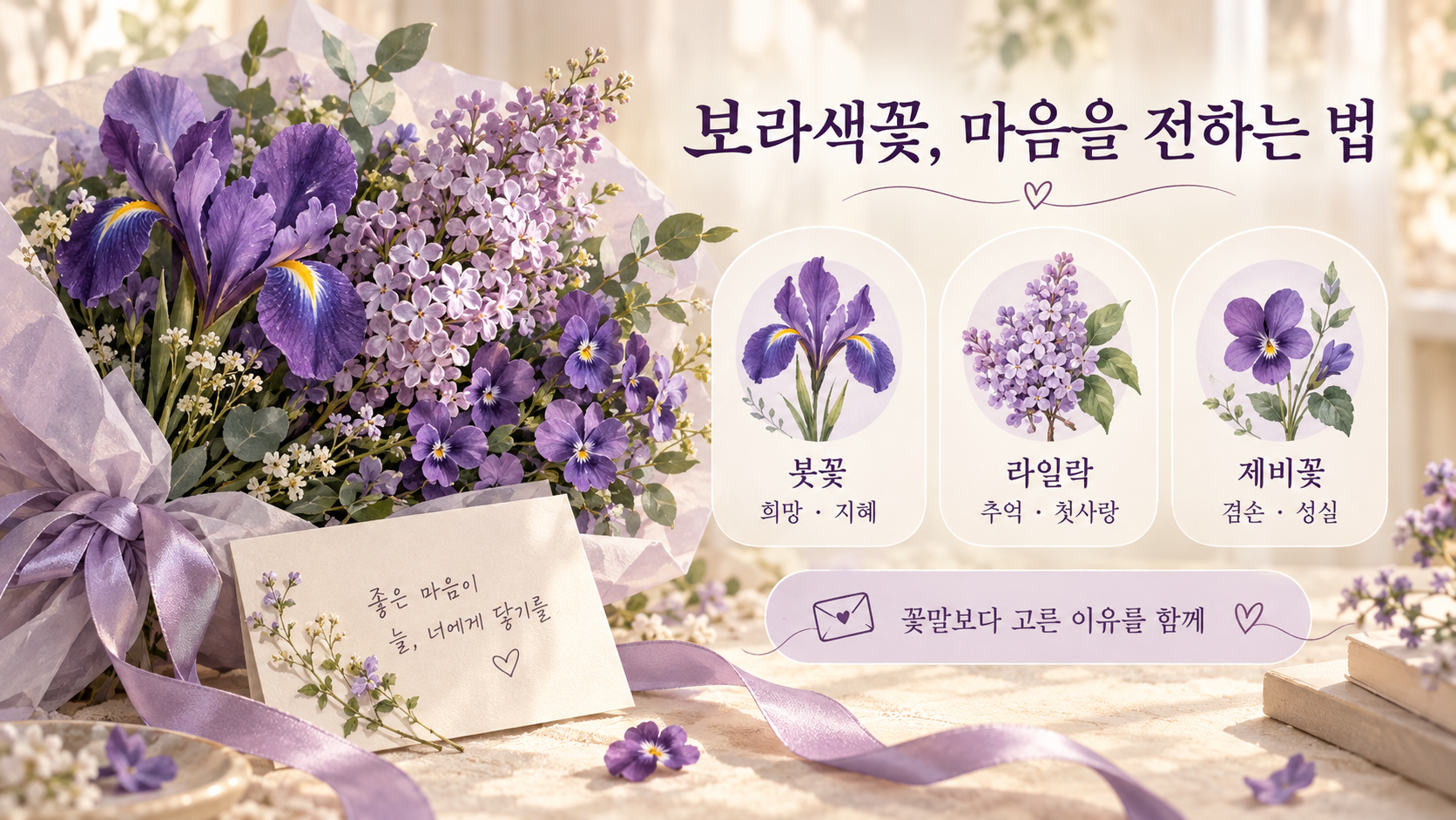 보라색 꽃다발과 카드로 꽃말 선물 상황을 보여 주는 정보카드