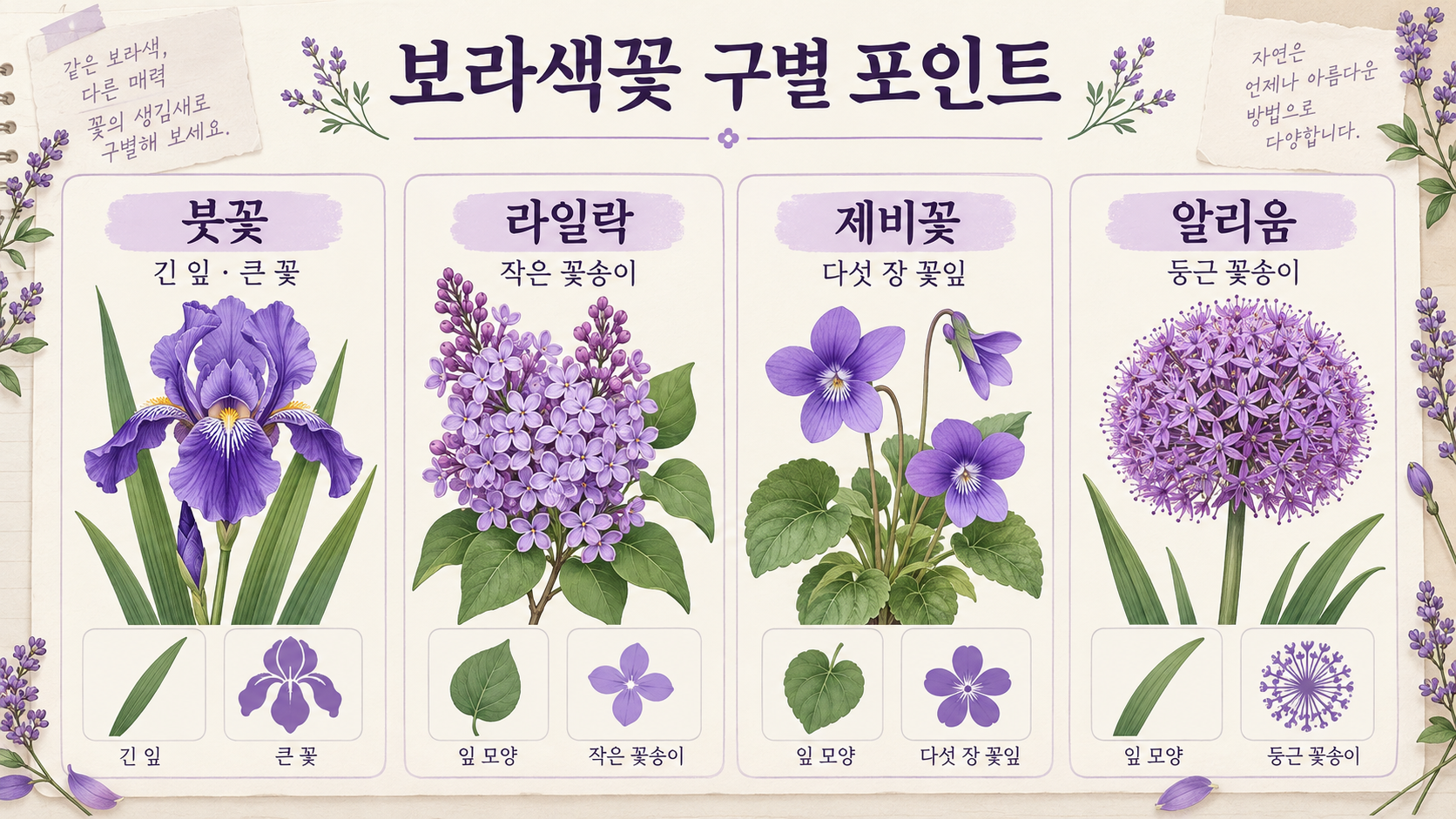 붓꽃 라일락 제비꽃 알리움을 비교하는 보라색꽃 관찰 정보카드