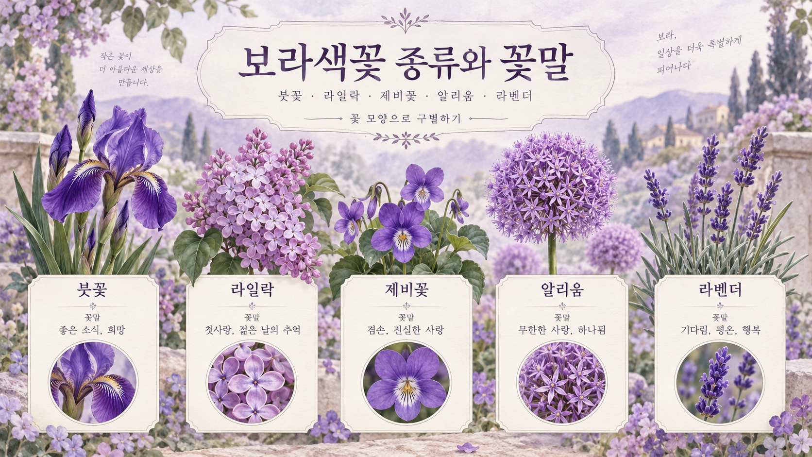 보라색 붓꽃 라일락 제비꽃을 담은 보라색꽃 종류 정보카드