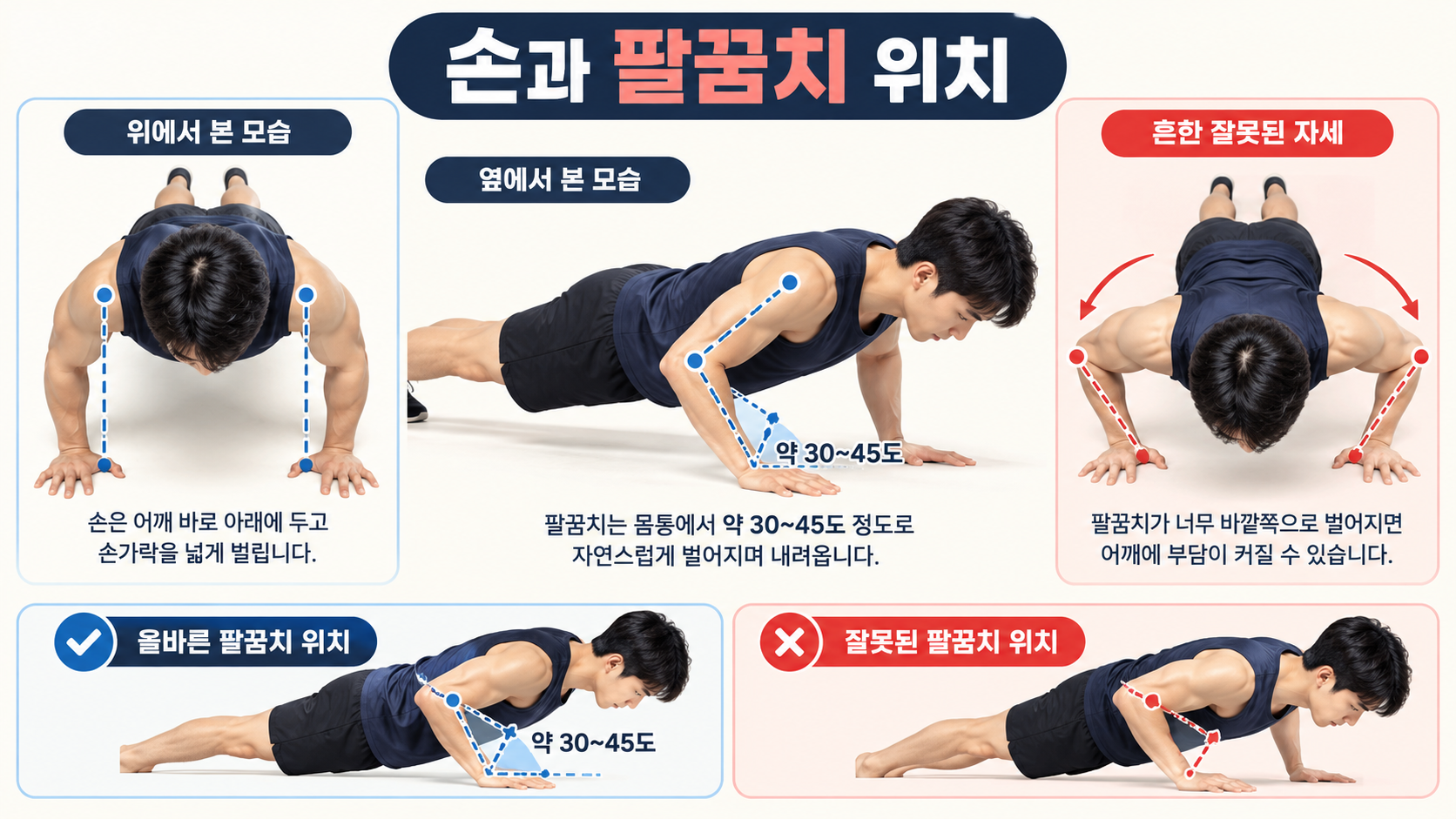 팔굽혀펴기 손과 팔꿈치 위치, 올바른 각도와 과도한 벌어짐을 비교한 정보카드