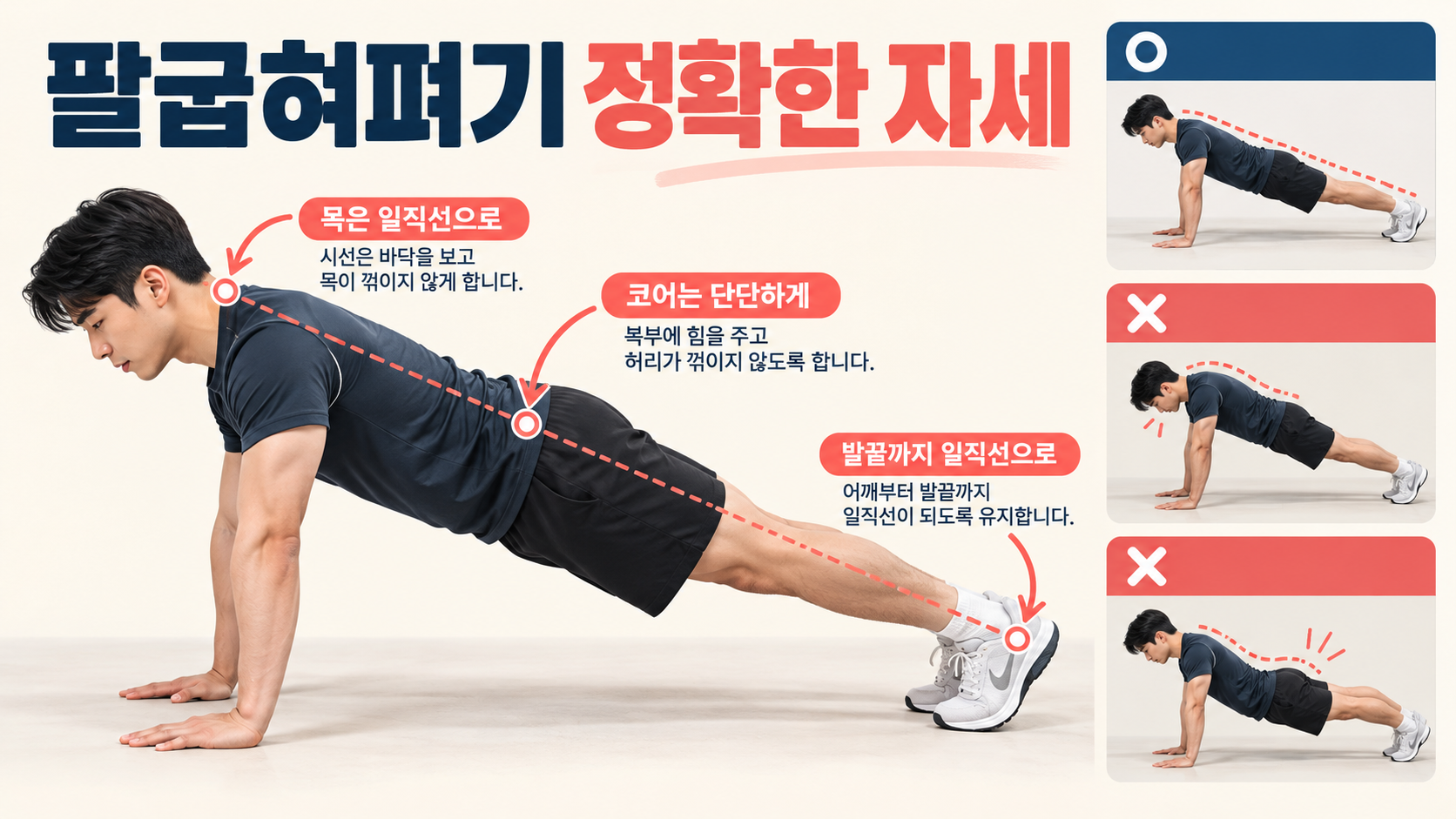 팔굽혀펴기에서 머리부터 발끝까지 일직선을 유지하는 올바른 자세 정보카드