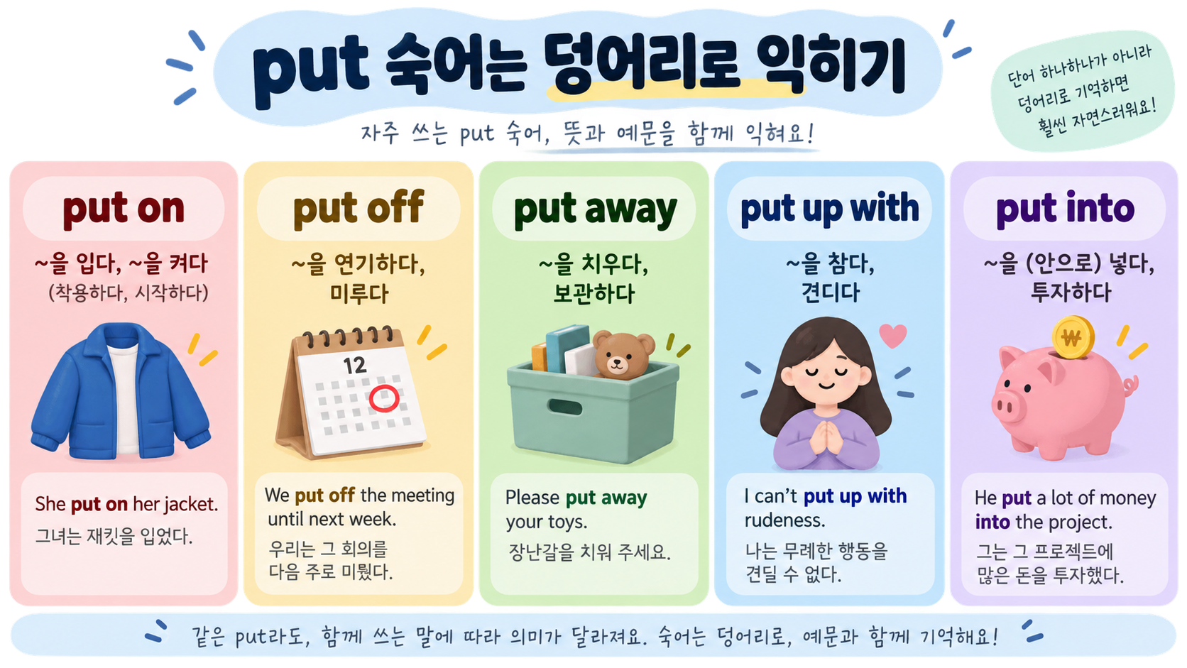 자주 쓰는 put 숙어를 정리한 한국어 정보카드
